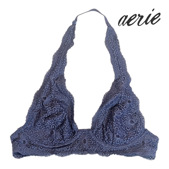 NWOT Aerie - 34A Unlined Plunge Halter Bra - Vintage Style Floral Lace Overlay - Picture 3 of 4
